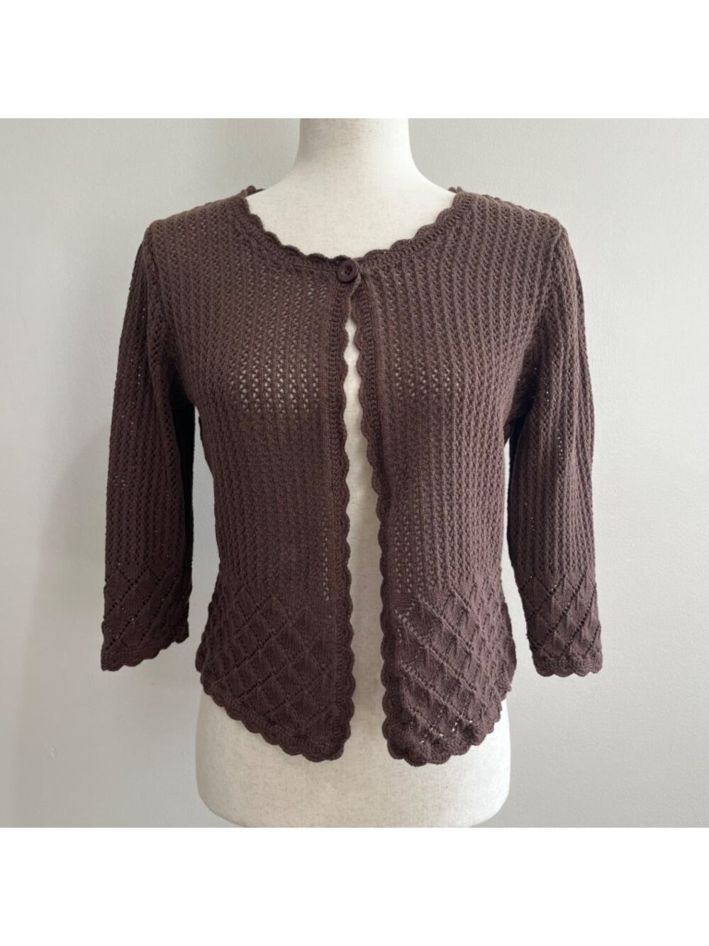 Kim Rogers Cottagecore Cardigan Sweater Womens M Brown Crochet 100% Cotton